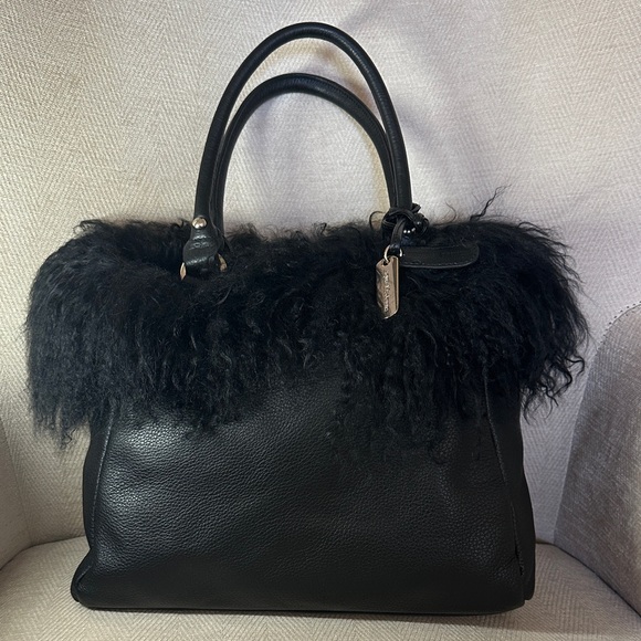 aqua madonna Handbags - Aqua Madonna Elegant Black Satchel with Plush Fur Trim
